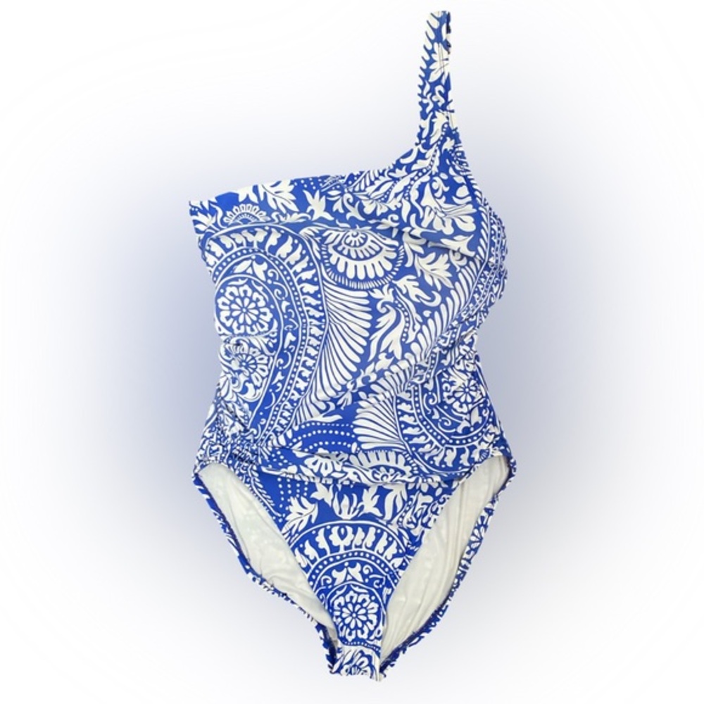 La Blanca Blue and White One-Shoulder Paisley One-Piece Swimsuit